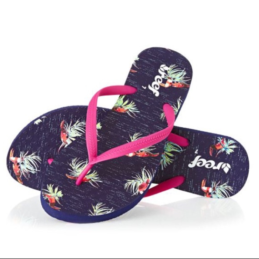 reef flip flops: navy blue and pink with birds